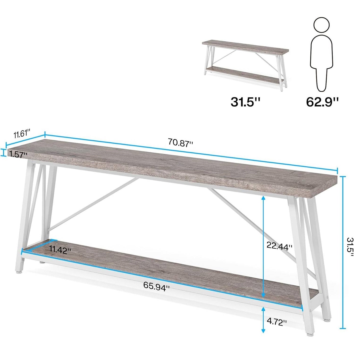 Heavy Duty 70-inch Industrial Wood Top Sofa Table with Metal Frame in Four Colors