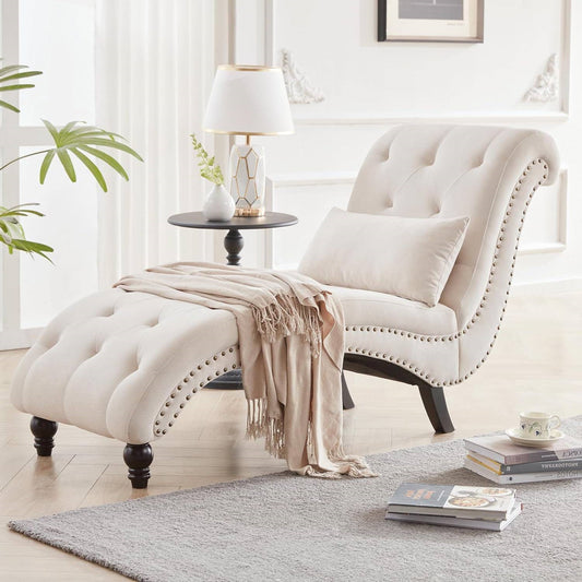 Linen Upholstered Armless Chaise Lounge Chair with Pillow in Grey or Beige