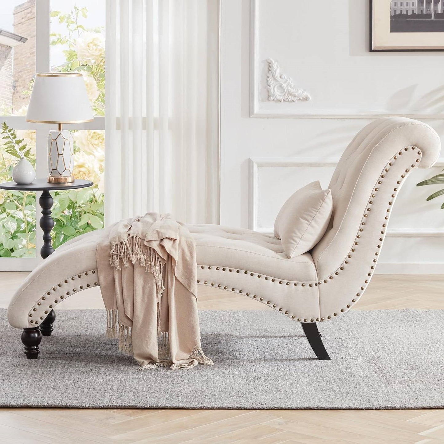 Linen Upholstered Armless Chaise Lounge Chair with Pillow in Grey or Beige