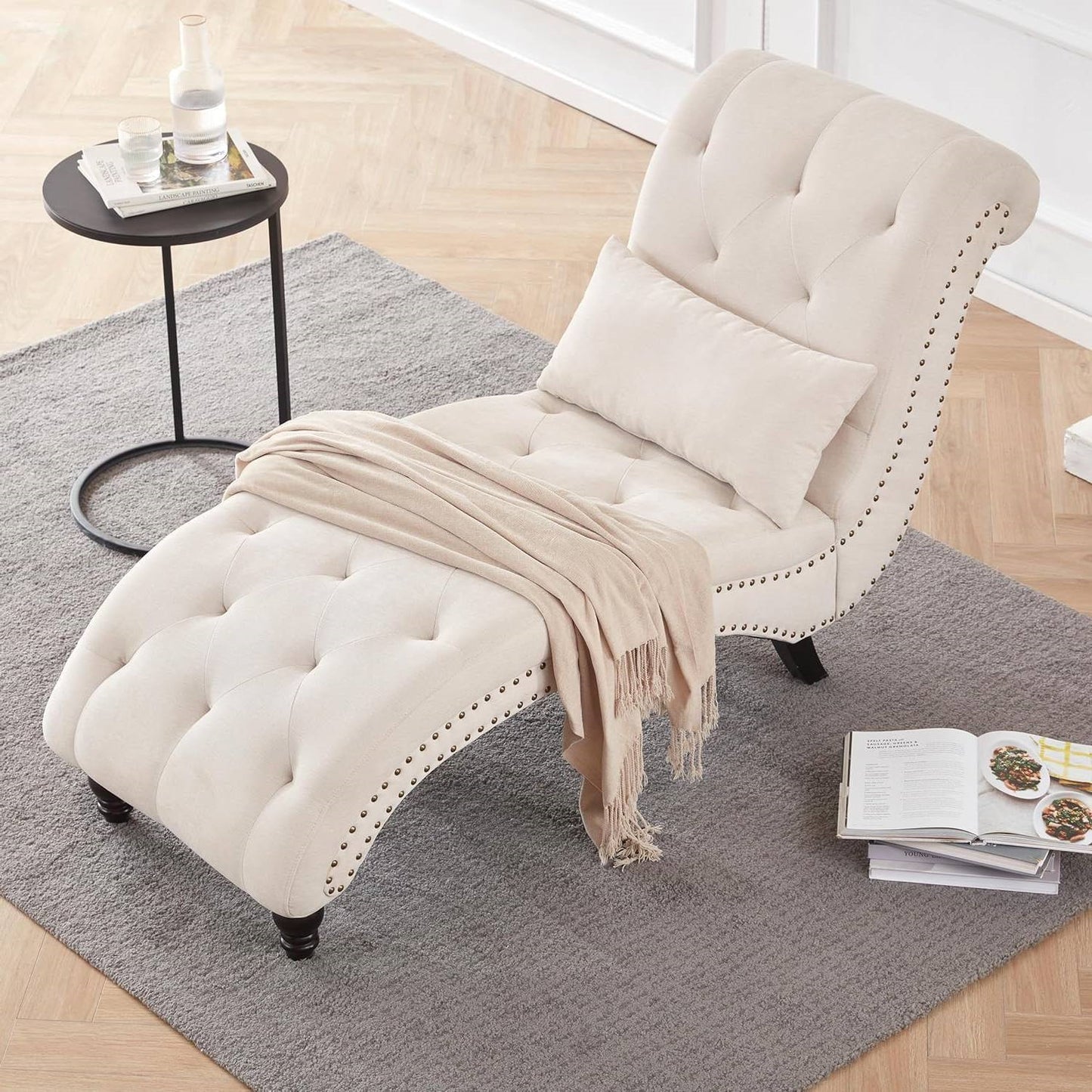 Linen Upholstered Armless Chaise Lounge Chair with Pillow in Grey or Beige