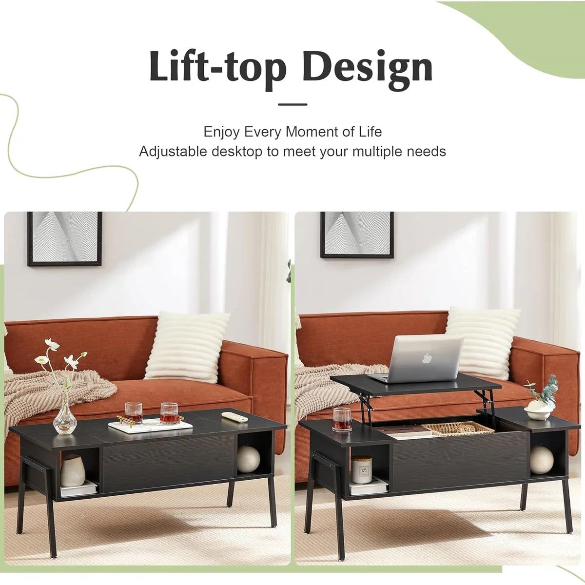 Modern Lift-Top Coffee Table Laptop Desk with Storage Shelf in Black Wood Finish