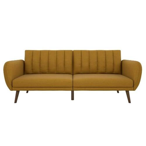 Mustard Linen Upholstered Futon Sofa Bed with Mid-Century Style Wooden Legs