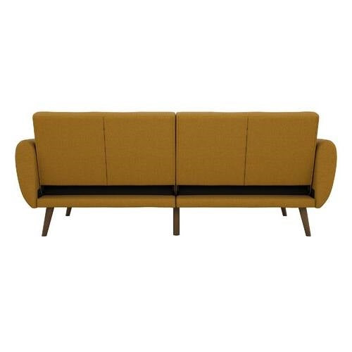 Mustard Linen Upholstered Futon Sofa Bed with Mid-Century Style Wooden Legs