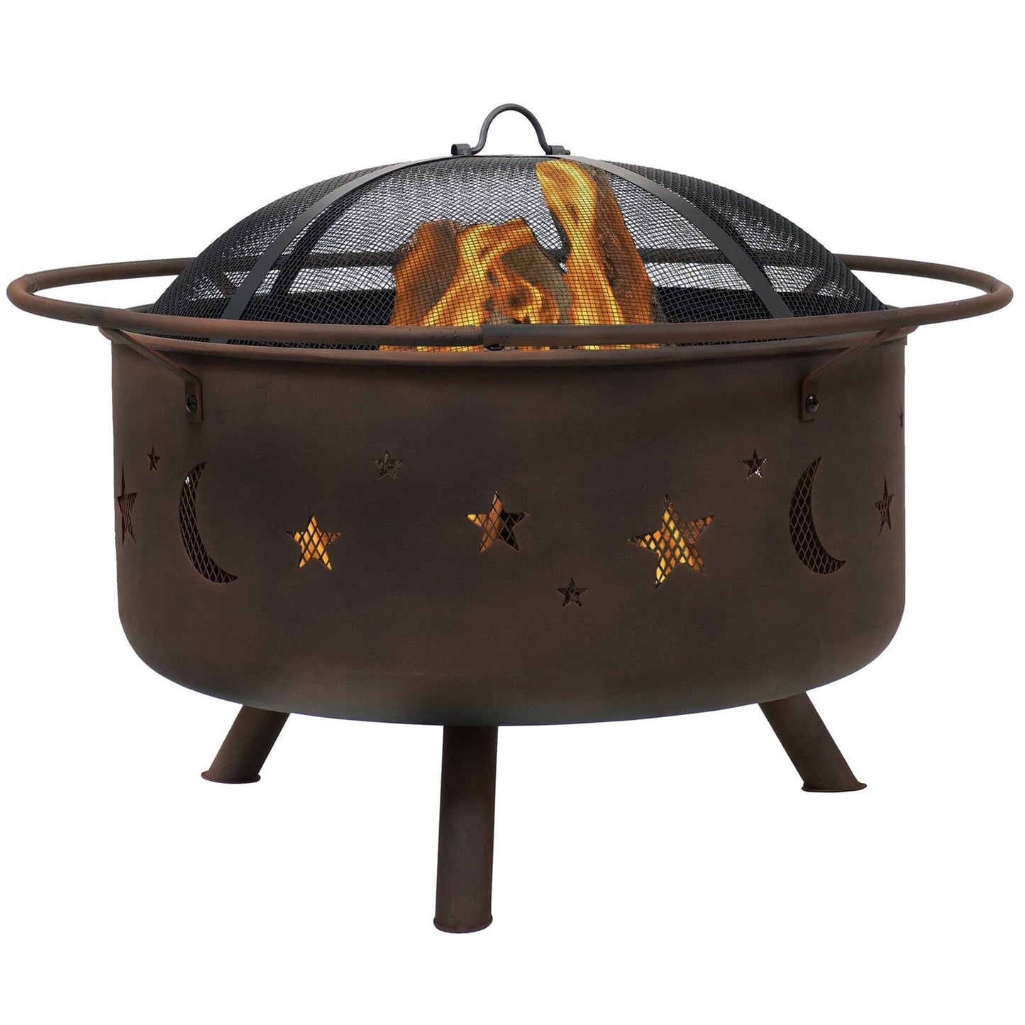 Celestial Moon Stars Sky Steel Fire Pit Bowl with Screen Cooking Grate and Poker