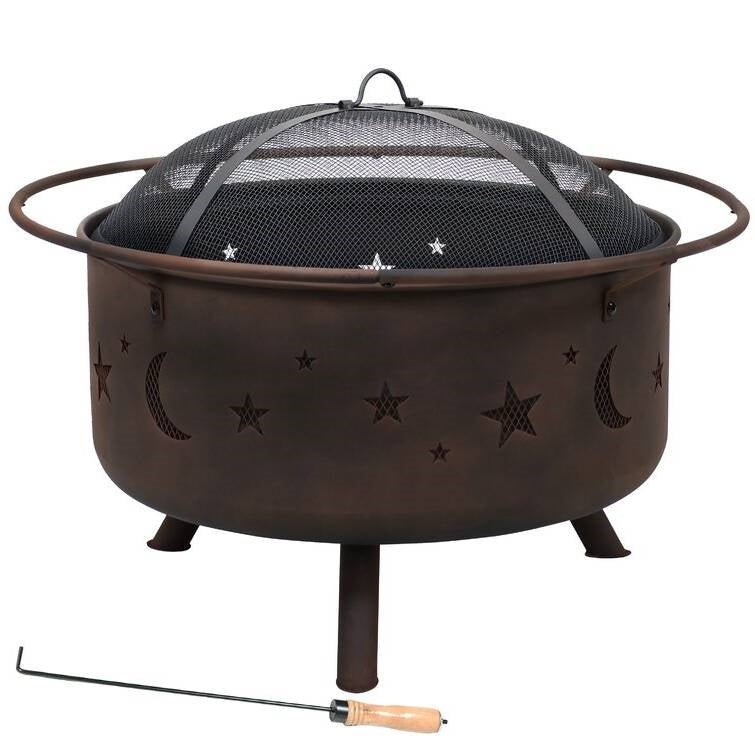 Celestial Moon Stars Sky Steel Fire Pit Bowl with Screen Cooking Grate and Poker