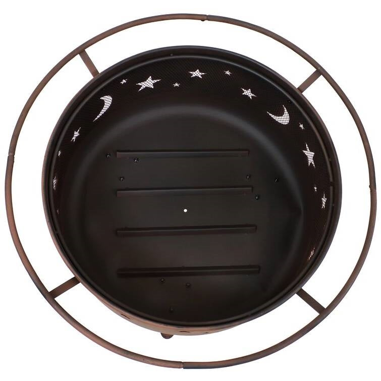 Celestial Moon Stars Sky Steel Fire Pit Bowl with Screen Cooking Grate and Poker