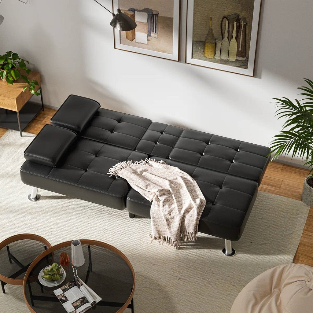 Modern Black Faux Leather Futon Sofa Bed with Armrest and Metal Legs