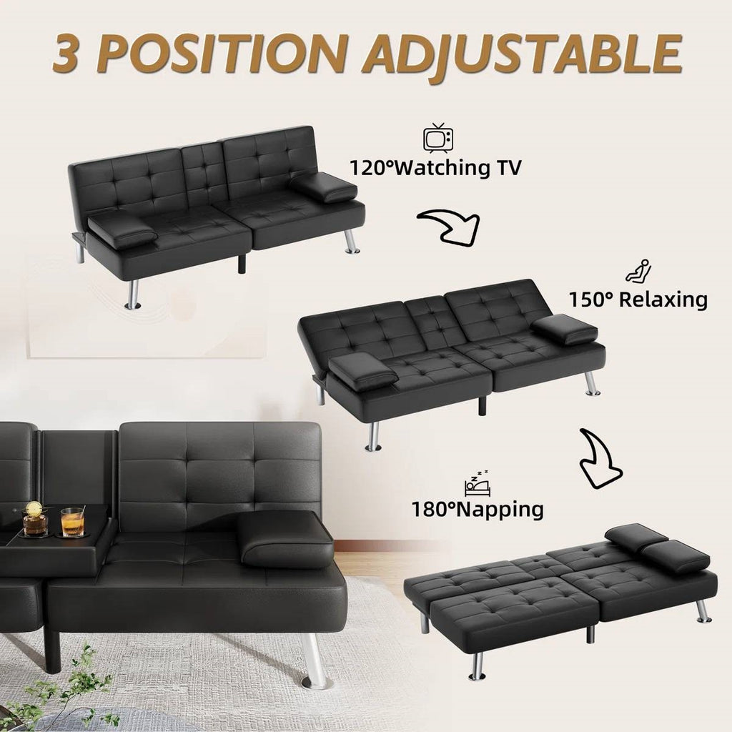 Modern Black Faux Leather Futon Sofa Bed with Armrest and Metal Legs