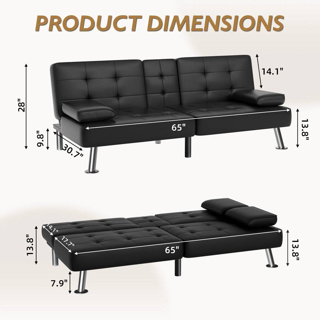 Modern Black Faux Leather Futon Sofa Bed with Armrest and Metal Legs