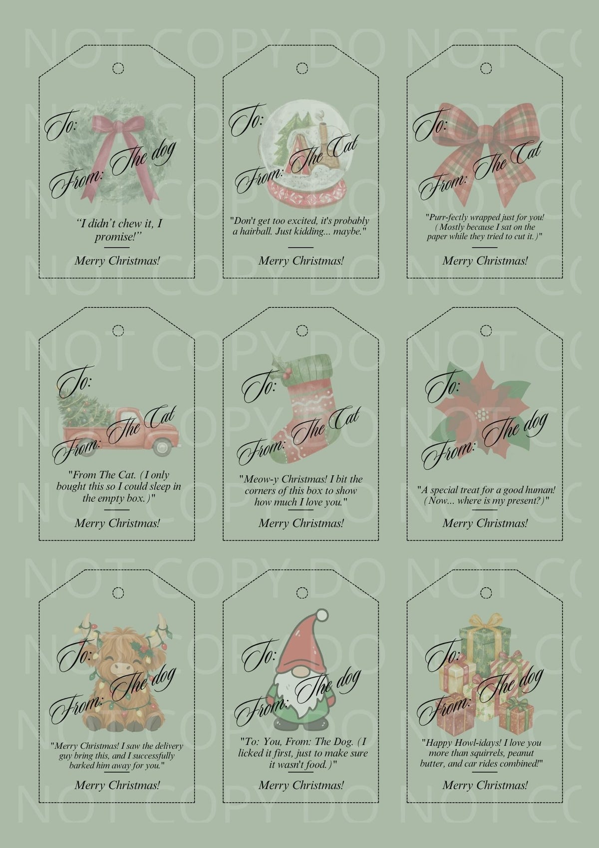 Printable Christmas Gift Tags from the Dog and Cat | Funny Pet Perspective Holiday Present Tags Pack | Aesthetic Sage Green Watercolor Sheet PNG JPG PDF SVG PPTX
