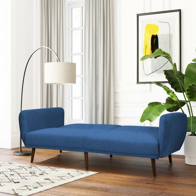 Modern Scandinavian Blue Linen Upholstered Sofa Bed with Wooden Legs