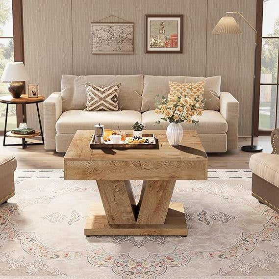 Modern Farmhouse Style Square Coffee Table in Natural Wood Finish