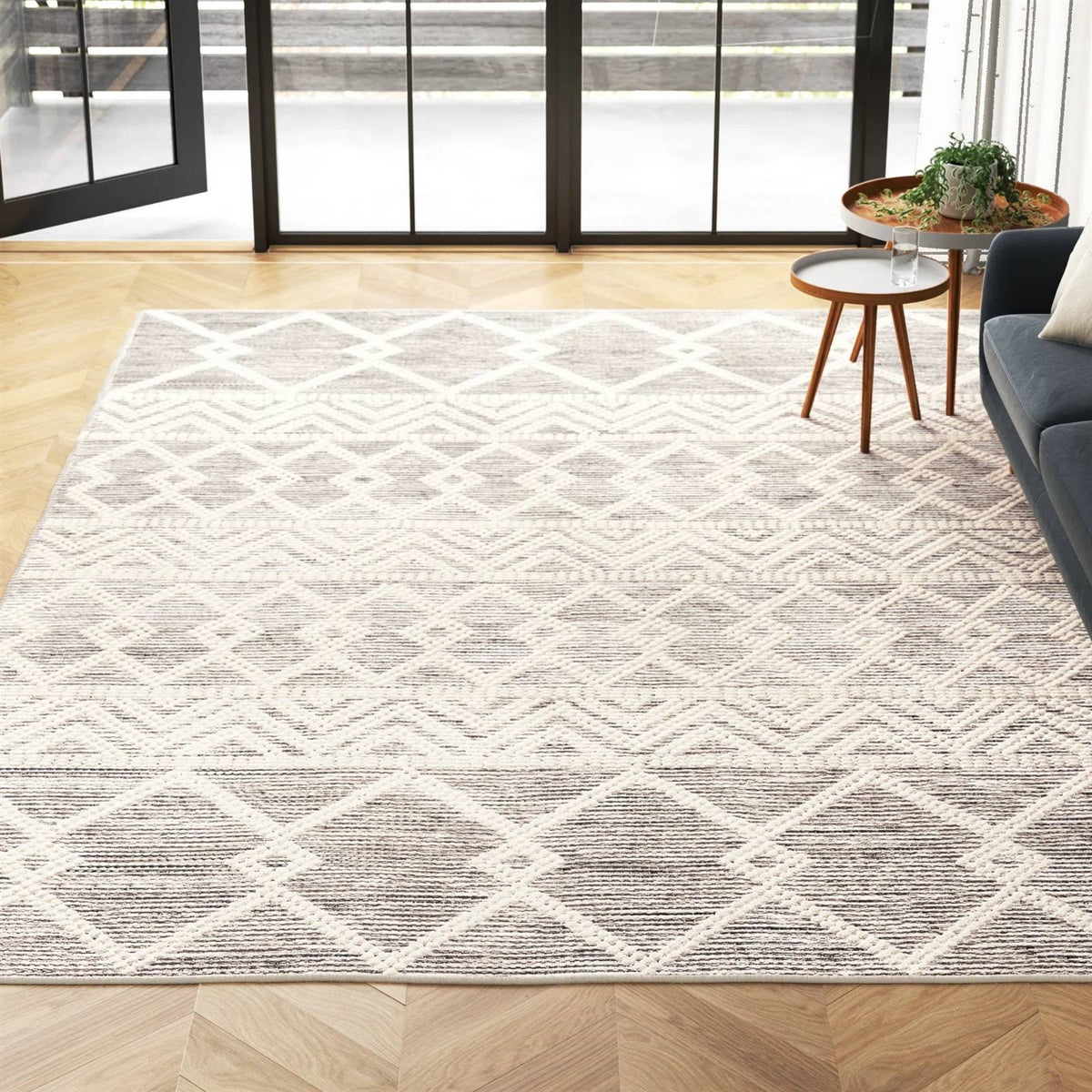Hand Woven Wool Blend Grey Beige Ivory Persian Style Area Rug