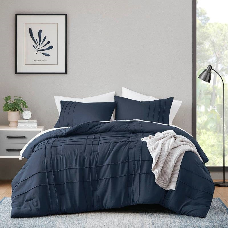Microfiber Pleated Bohemian style Pre-Washed Comforter Set in Navy