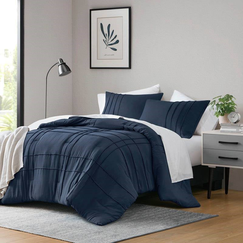 Microfiber Pleated Bohemian style Pre-Washed Comforter Set in Navy