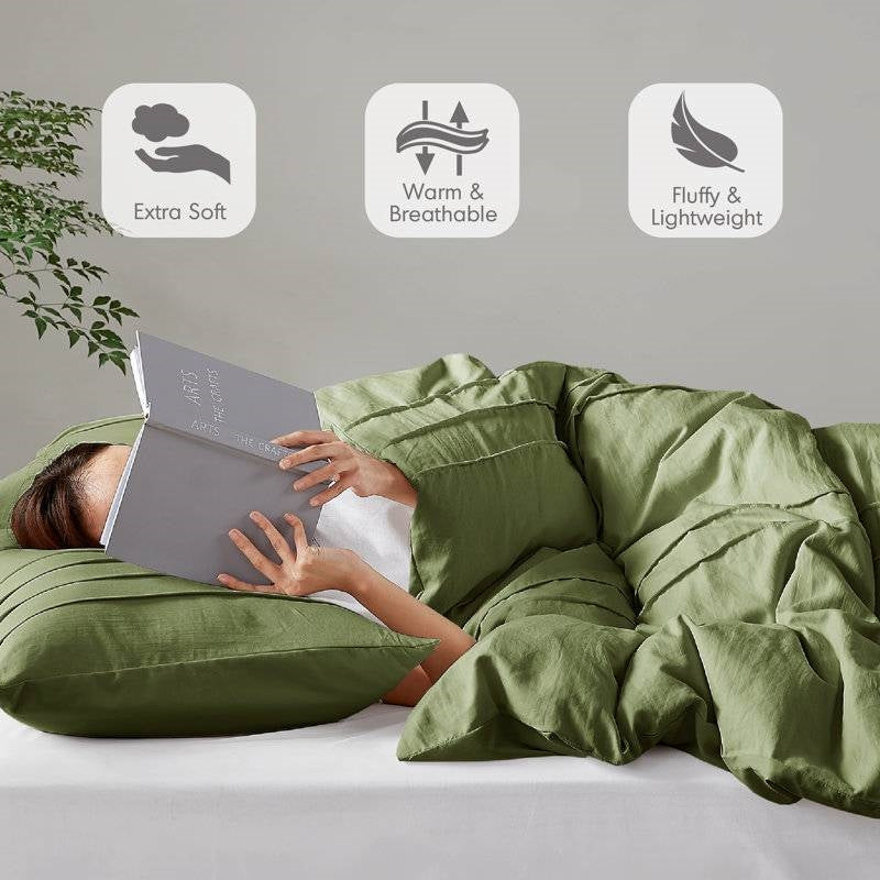 Microfiber Pleated Soft Lightweight Comforter Set in Tan or Green
