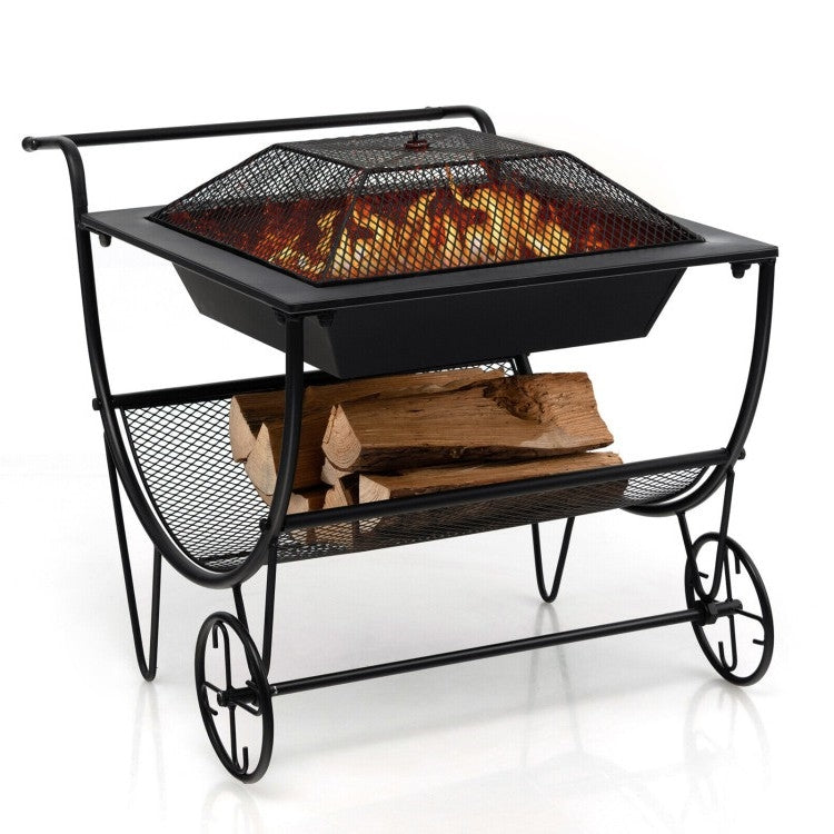 On the Go Portable Outdoor Wheeled Log Storage Rack and Wood Burning Fire Pit