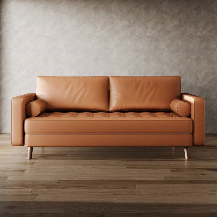 Terracotta Upholstered Faux Leather Sofa w/ Pillows Solid Hardwood Legs