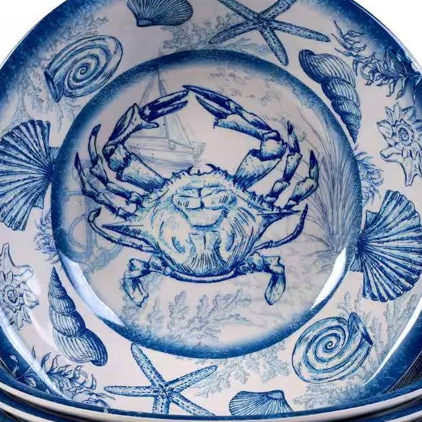 6-Piece Dinner Bowl Set with Blue White Ocean Sea Shells Crab Starfish Pattern