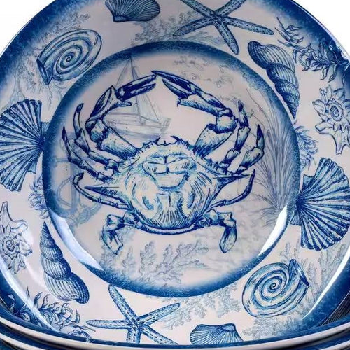 6-Piece Dinner Bowl Set with Blue White Ocean Sea Shells Crab Starfish Pattern