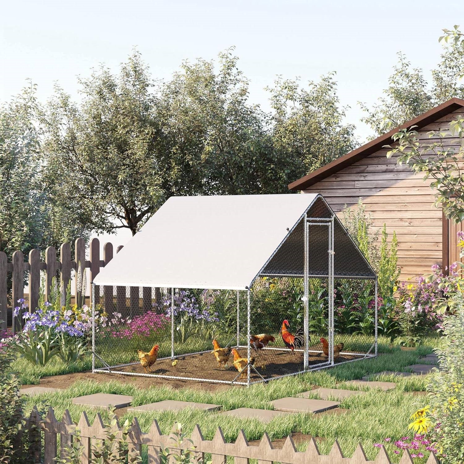 9.8 Ft x 6.6 Ft. Outdoor Yard Metal Walk-in Chicken Coop with Waterproof Cover *