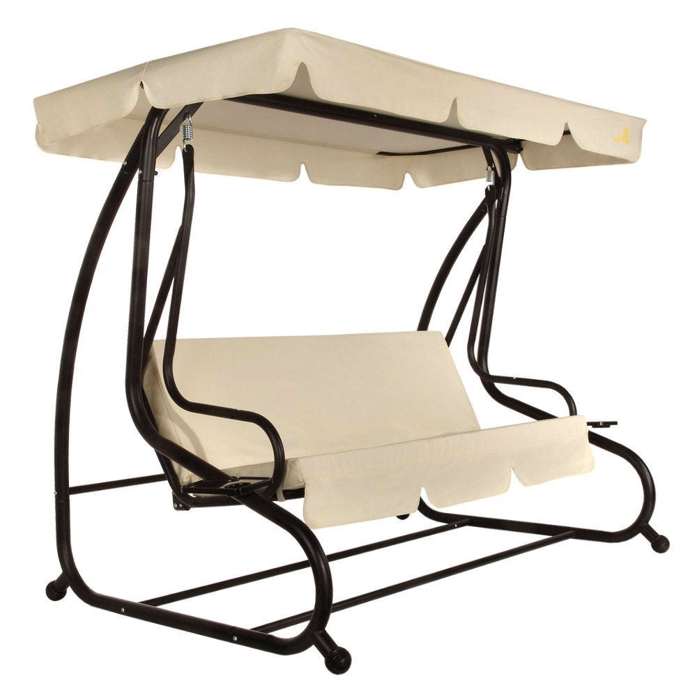 Outdoor 3-Seat Canopy Swing with Beige Cushions for Patio Deck or Porch *