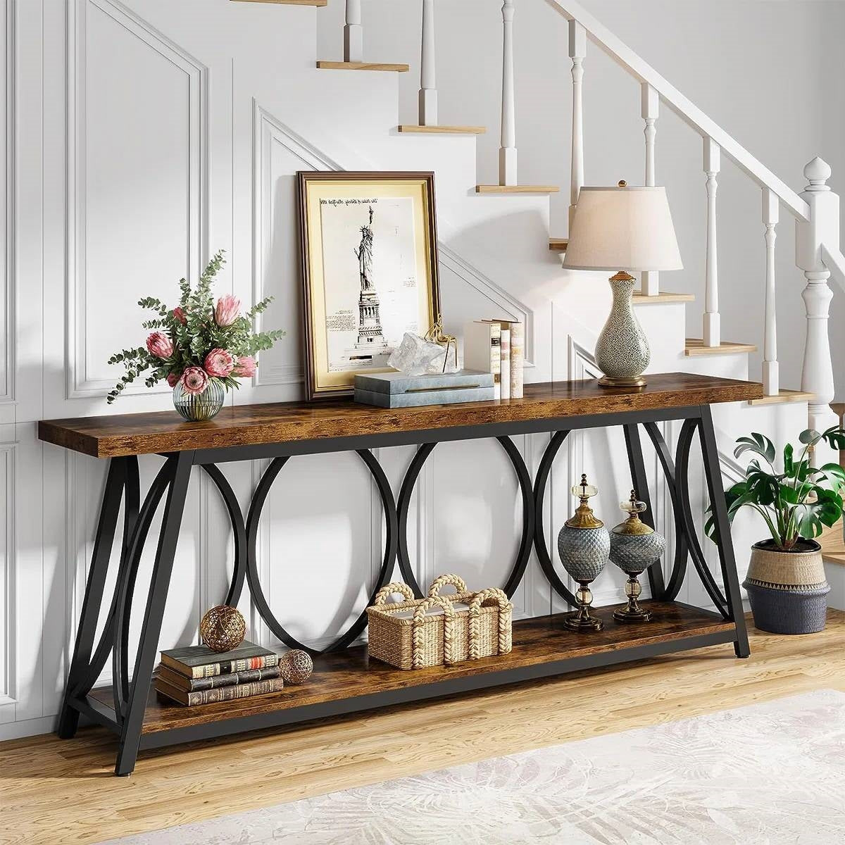 Industrial 70-inch Wood Top Sofa Table with Heavy Duty Metal Frame