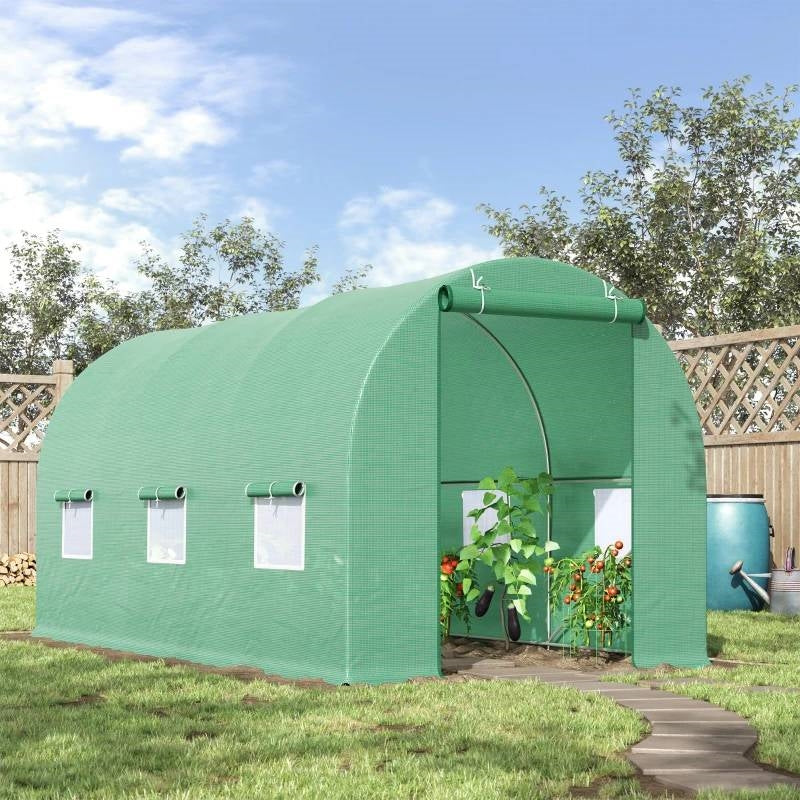 14.5 ft x 6.3 ft Outdoor Greenhouse with Green PE Cover and Sturdy Steel Frame *