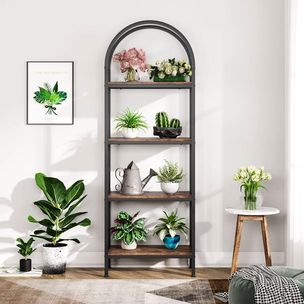 Modern Industrial Metal Wood Display Rack Bookcase with 4 Storage Shelves