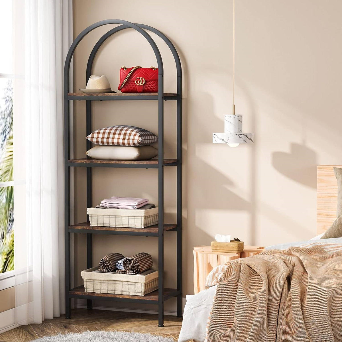 Modern Industrial Metal Wood Display Rack Bookcase with 4 Storage Shelves