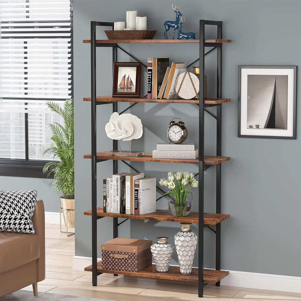 Modern Industrial 5-Shelf Bookcase with Sturdy Metal Frame and Wooden Shelves