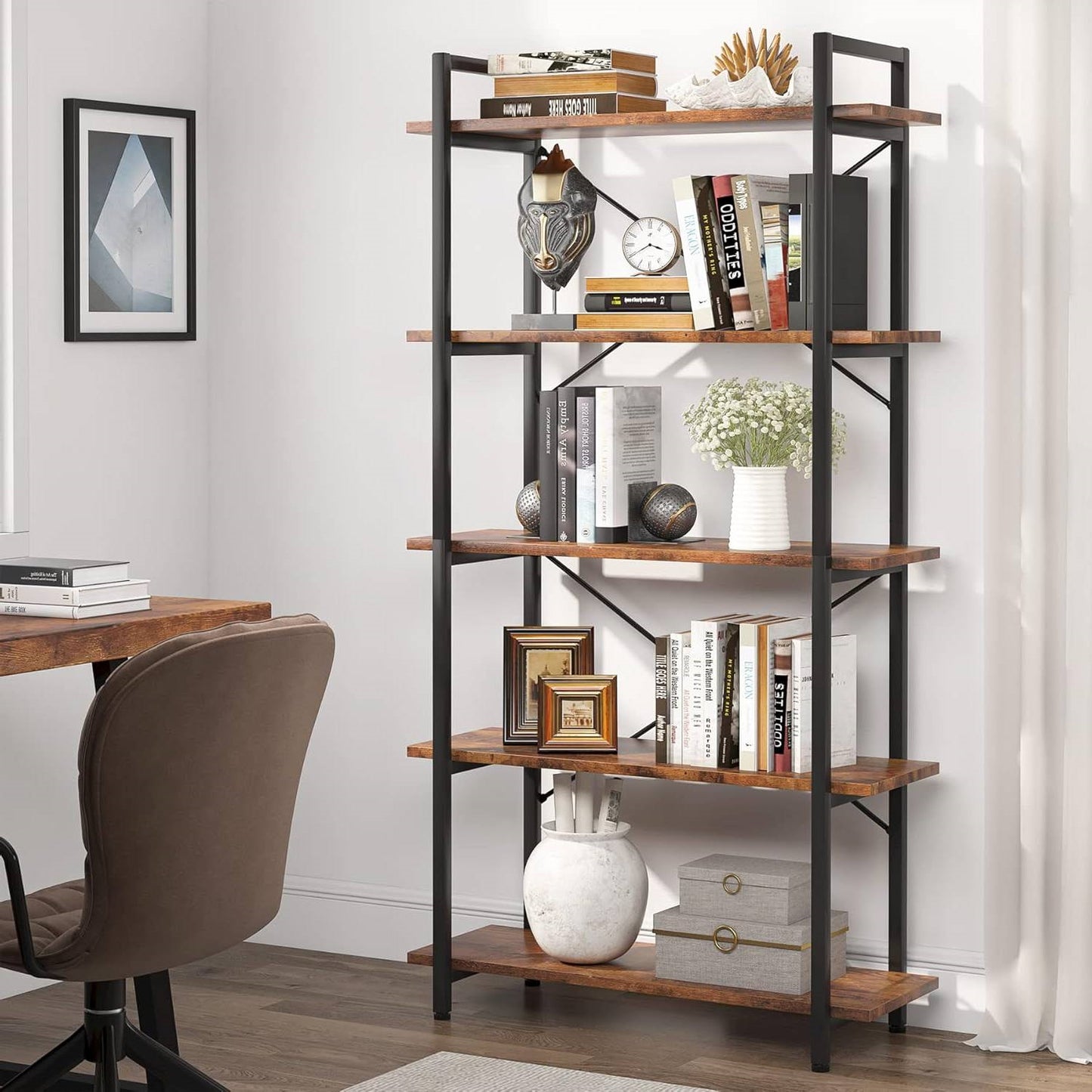 Modern Industrial 5-Shelf Bookcase with Sturdy Metal Frame and Wooden Shelves