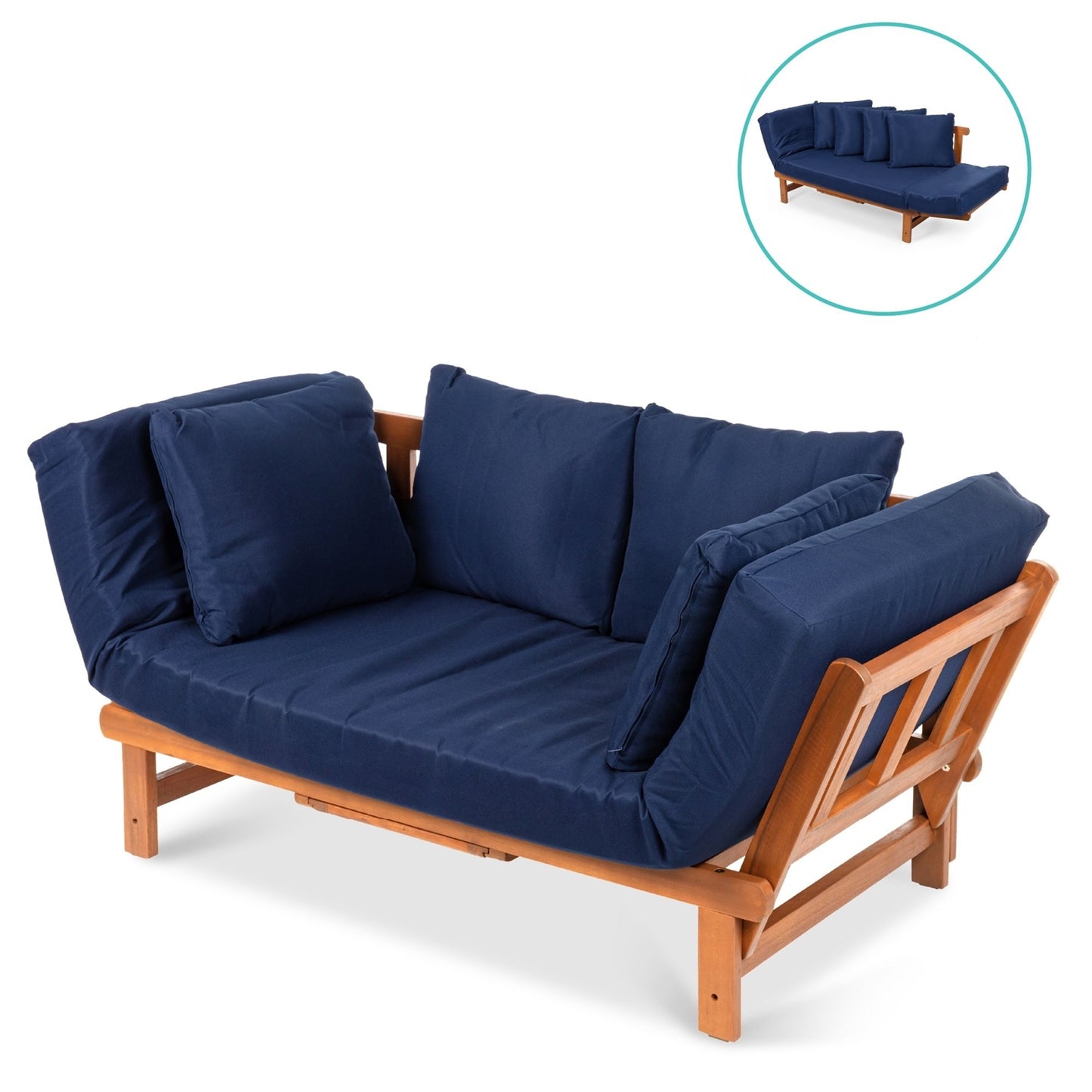 Navy Blue Outdoor Acacia Wood Convertible Sofa Futon with 4 Removable Pillows