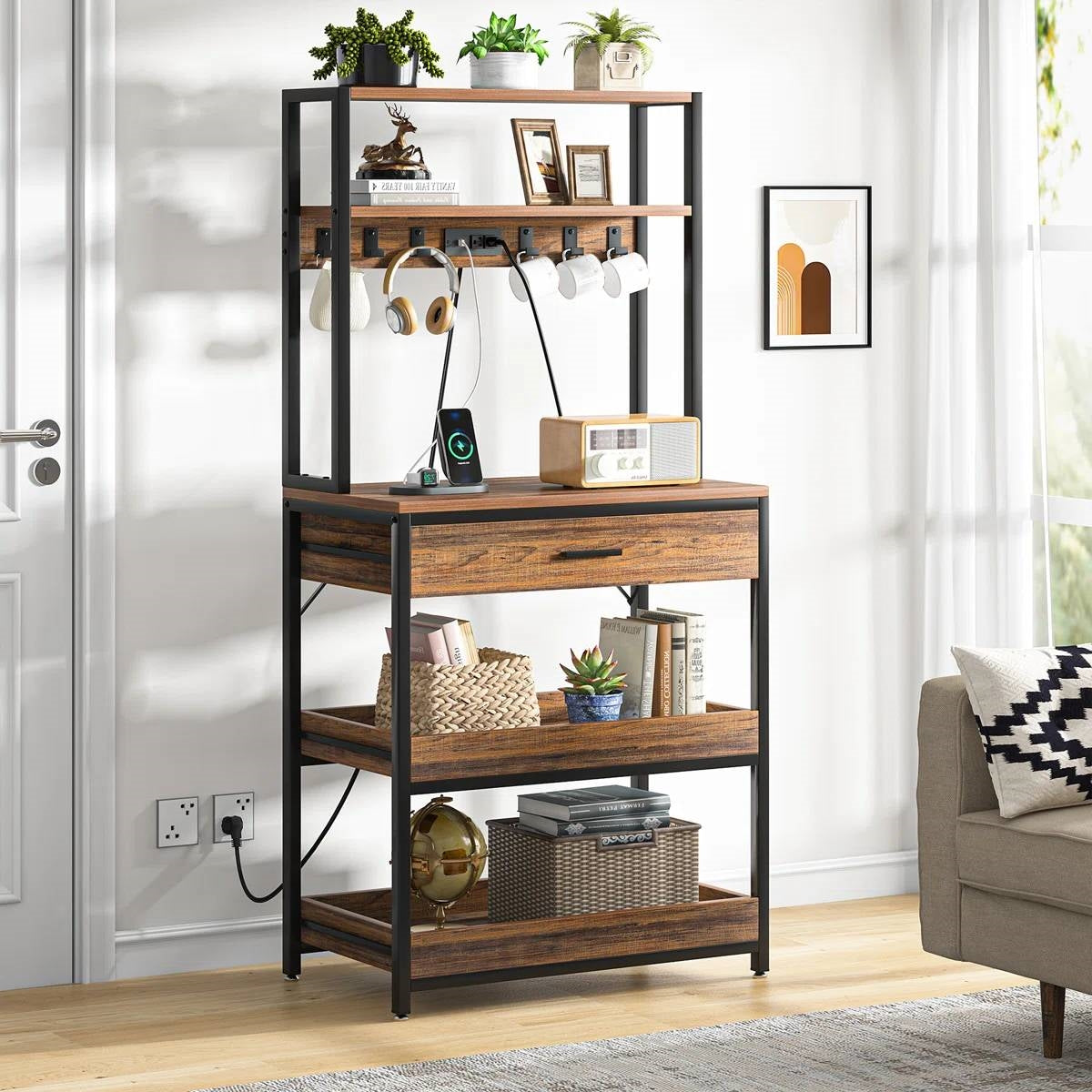 Modern Baker's Rack Shelving Unit with Pull-Out Shelves and Storage Drawer