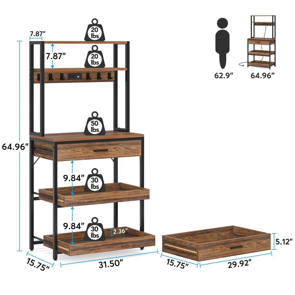 Modern Baker's Rack Shelving Unit with Pull-Out Shelves and Storage Drawer