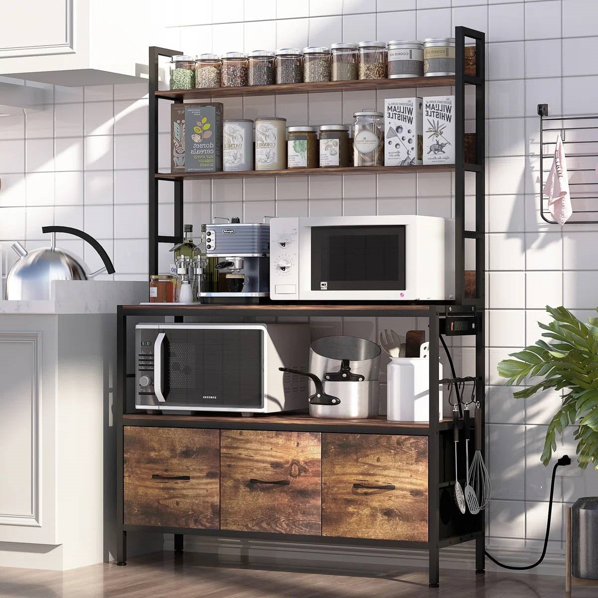 Black Metal Kitchen Baker's Rack with Brown Wood Shelves and Storage Cabinets