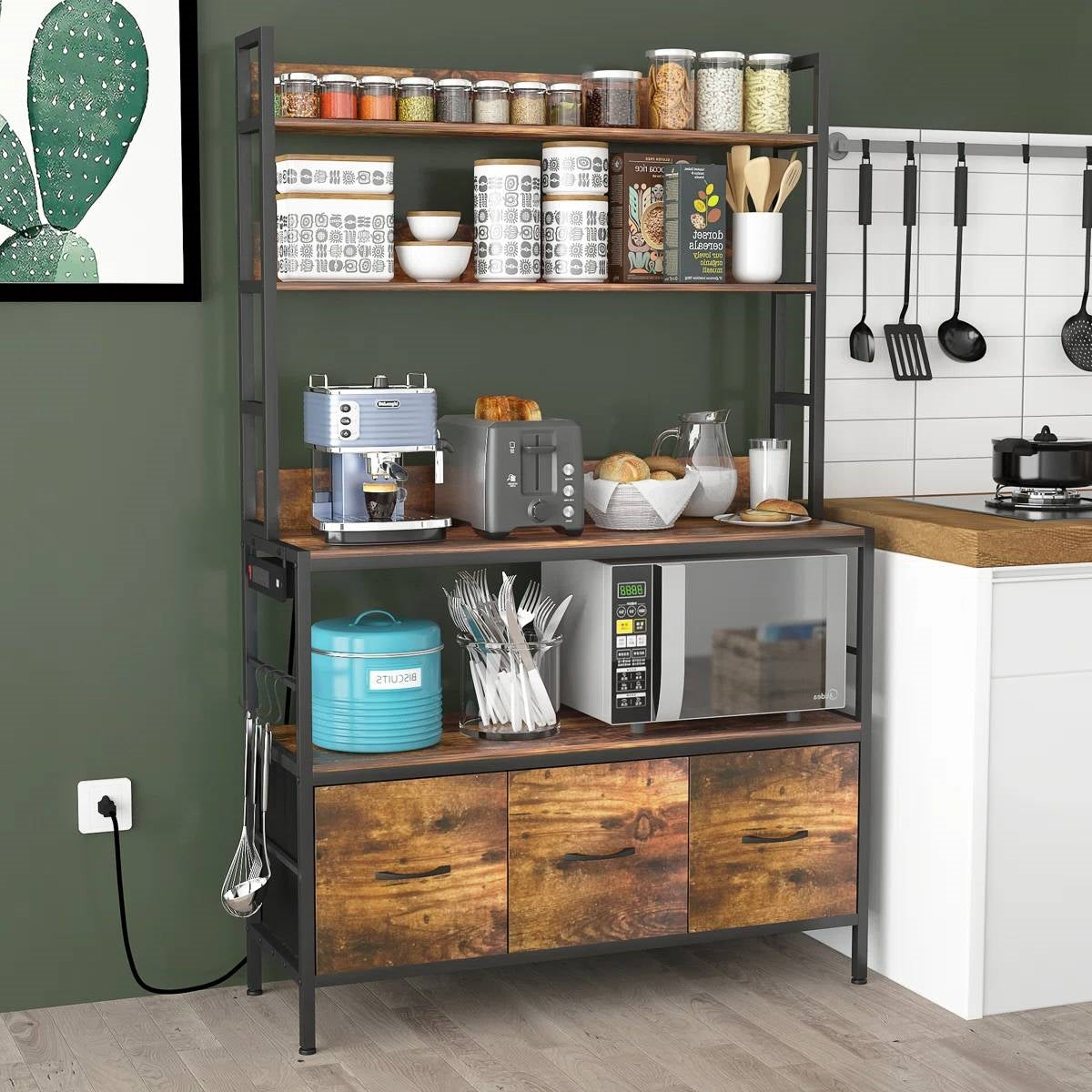 Black Metal Kitchen Baker's Rack with Brown Wood Shelves and Storage Cabinets
