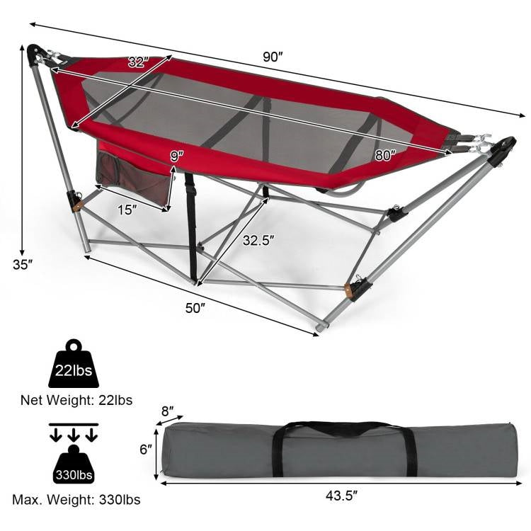 Red Portable Camping Foldable Hammock with Stand and Carry Case