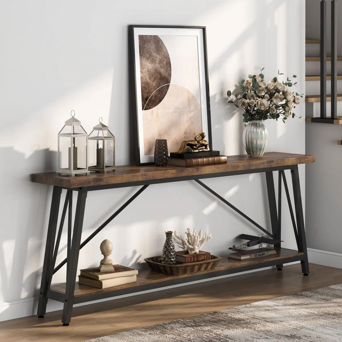 Heavy Duty 70-inch Industrial Wood Top Sofa Table with Metal Frame in Four Colors