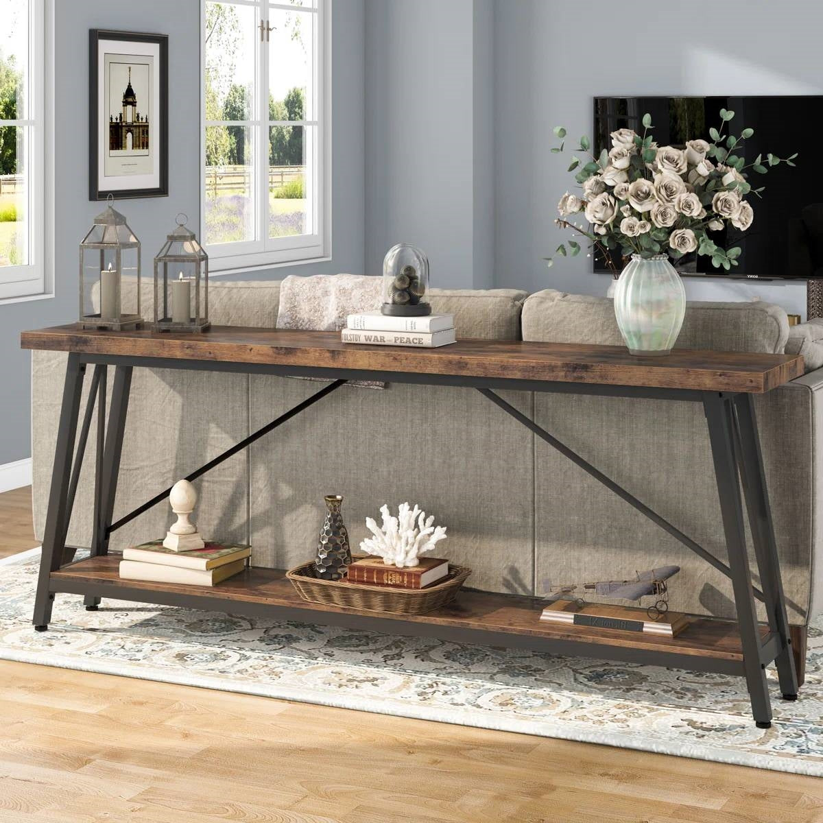 Heavy Duty 70-inch Industrial Wood Top Sofa Table with Metal Frame in Four Colors
