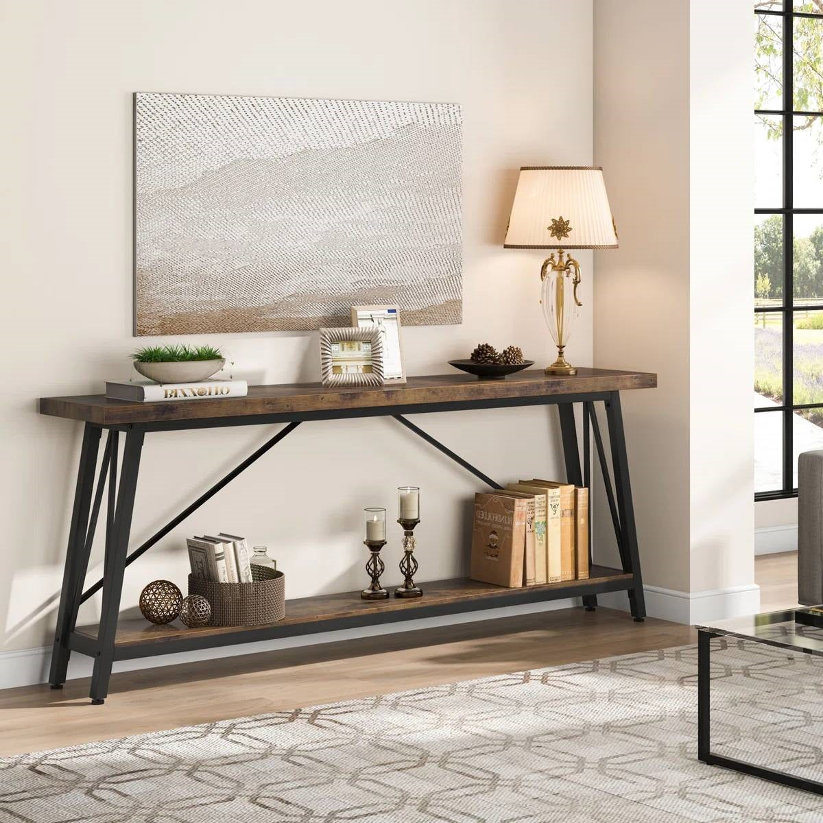 Heavy Duty 70-inch Industrial Wood Top Sofa Table with Metal Frame in Four Colors