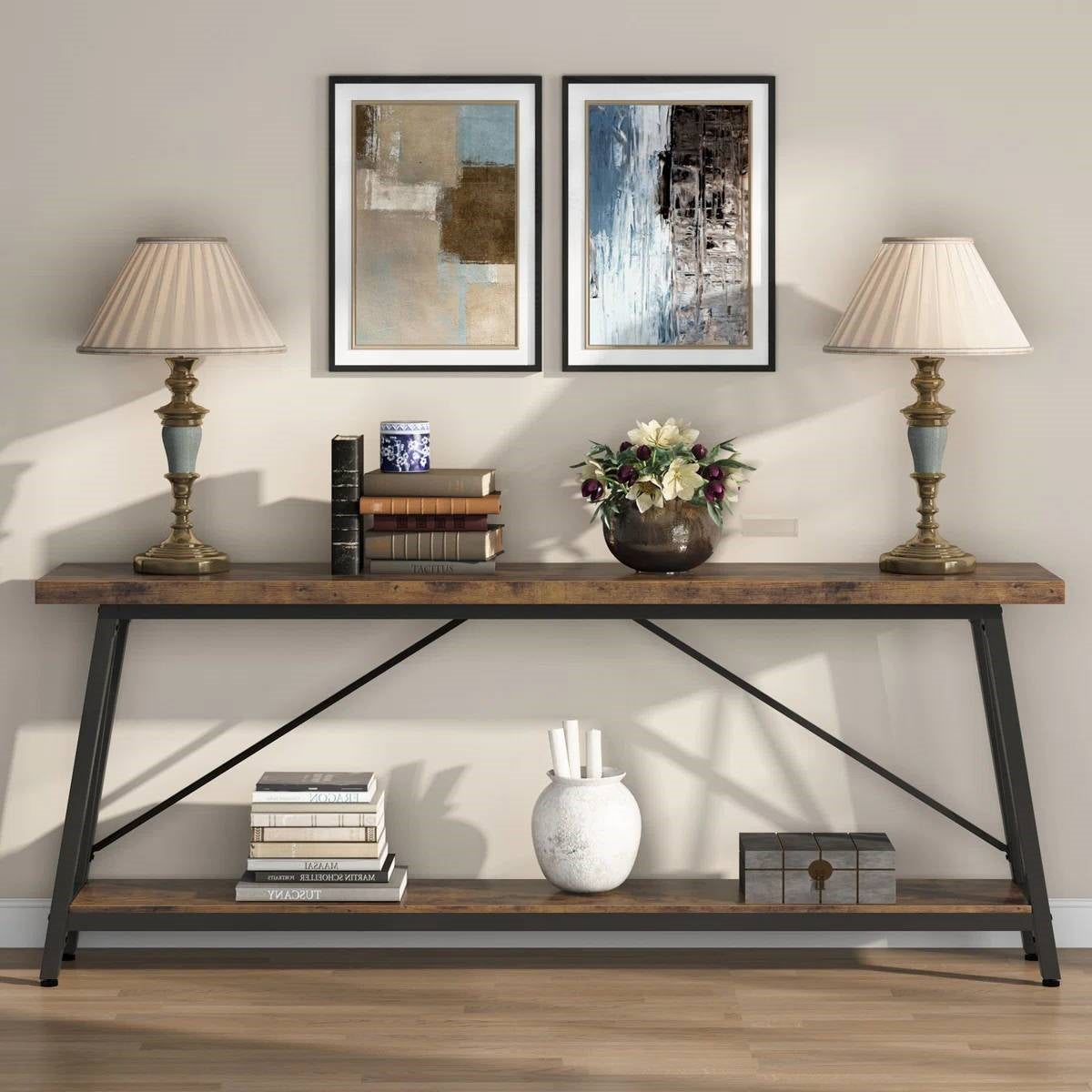 Heavy Duty 70-inch Industrial Wood Top Sofa Table with Metal Frame in Four Colors