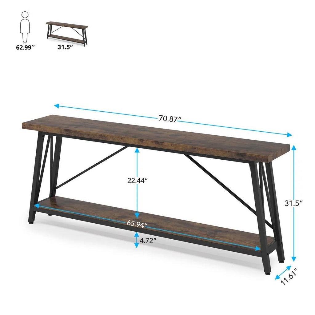Heavy Duty 70-inch Industrial Wood Top Sofa Table with Metal Frame in Four Colors