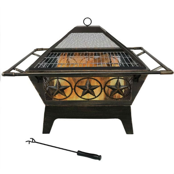 Rustic Star Square Outdoor Steel Wood Burning Fire Pit with Star Design