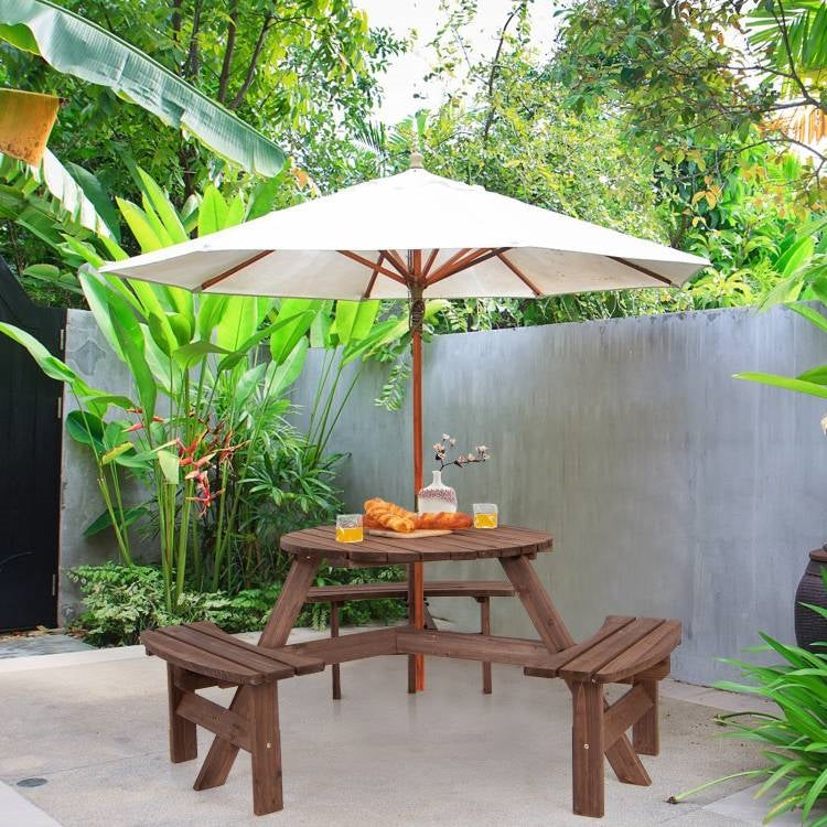 Espresso Wooden 6 Seater Picnic Table Umbrella Hole *