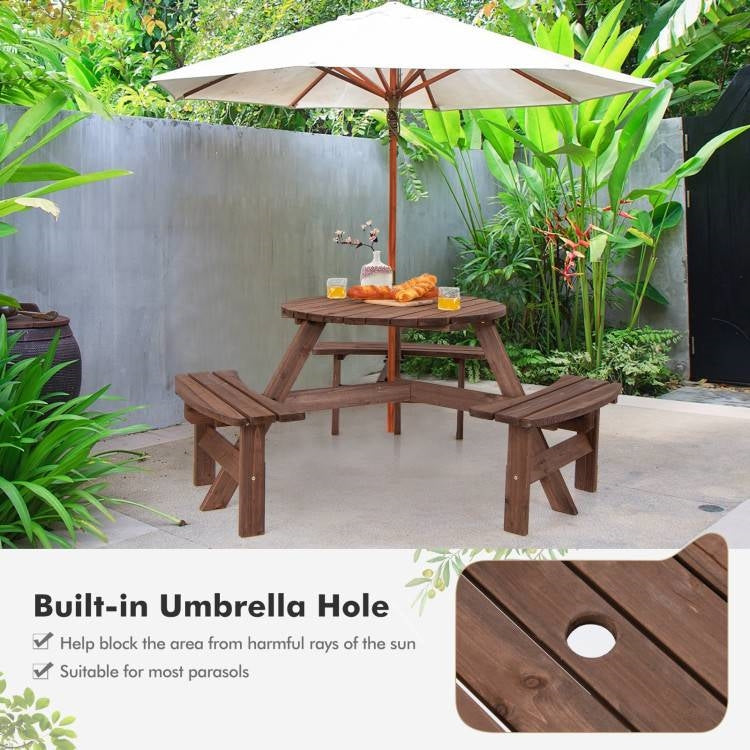 Espresso Wooden 6 Seater Picnic Table Umbrella Hole *