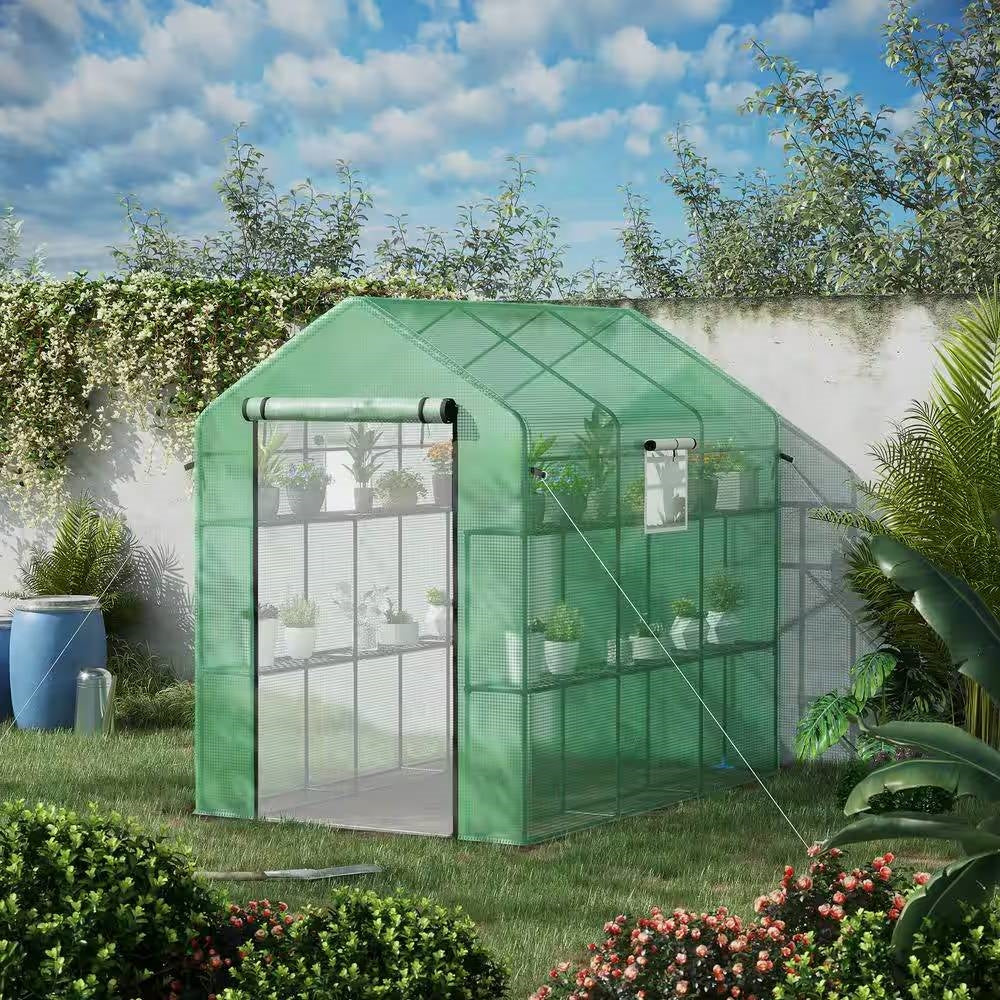 7 ft x 4.7 ft Outdoor Greenhouse with Steel Frame and Green PE Cover *