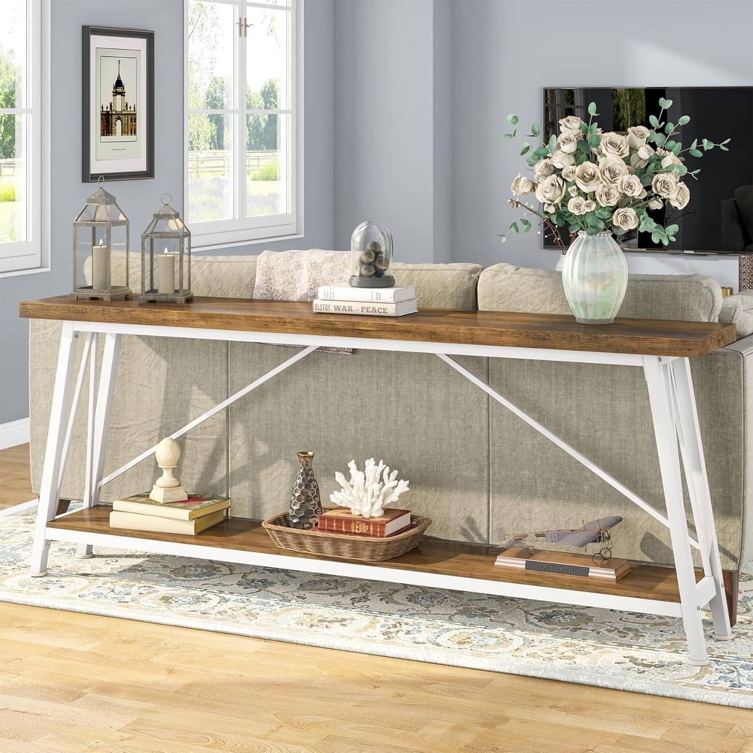 Heavy Duty 70-inch Industrial Wood Top Sofa Table with Metal Frame in Four Colors