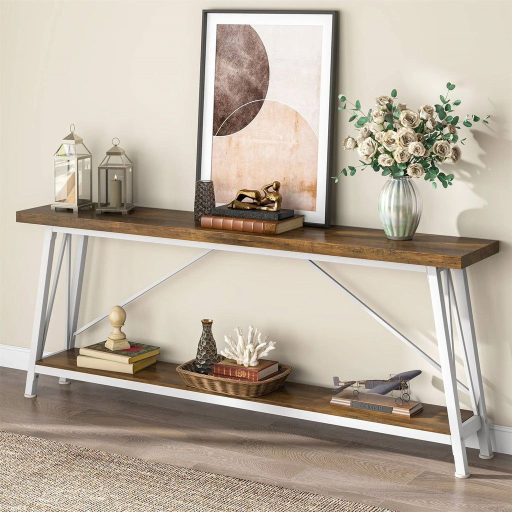 Heavy Duty 70-inch Industrial Wood Top Sofa Table with Metal Frame in Four Colors
