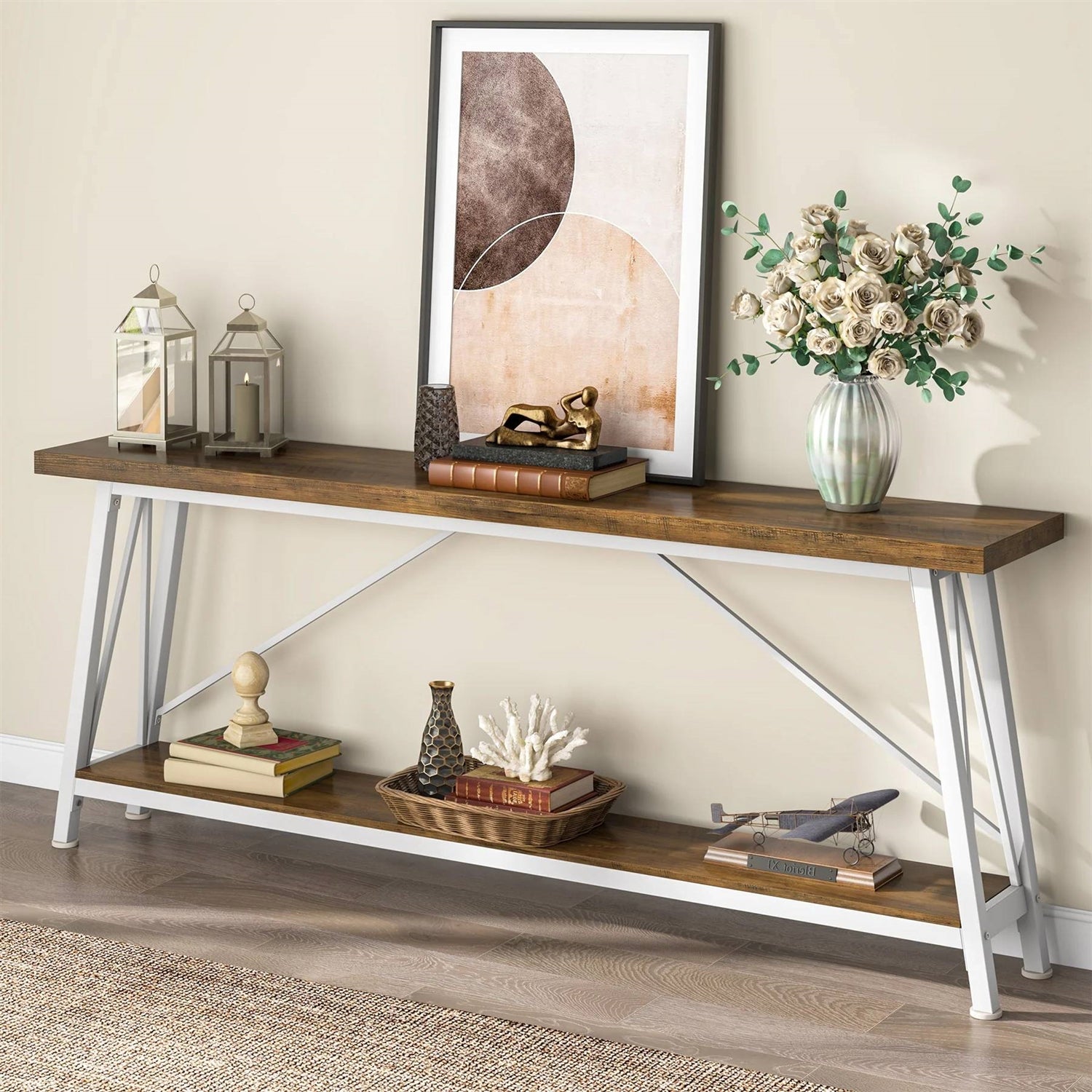Heavy Duty 70-inch Industrial Wood Top Sofa Table with Metal Frame in Four Colors